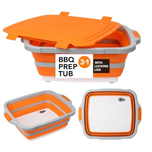 Collapsible Cutting Board(2.11 Gal/8L), BBQ Prep Tub with Locking Lid, Foldable Camping Sink with Colander, Multifunction Dish Basin for Kitchen, Bowl, Vegetable and Fruit, Storage Basket for Picnic - color: Orange, size: 15.7"L x 12.8"W
