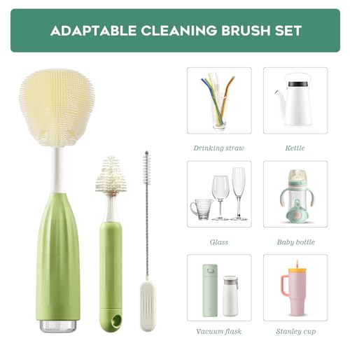 Baby Bottle Brush Set, Silicone Bottle Brush Cleaner with Nipple & Straw Brushes, Push-Press Bubble and Drying Rack for Bottle Cleaning,BPA-Free,Bottle Washer Brush for Breast Pump (Green) - color: Green