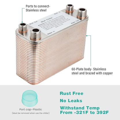 MRbrew Wort Chiller 60 Plates, Brazed Plate Copper Heat Exchanger for Homebrew, Stainless Steel 7.5" x 2.9" Plate,1/2 &3/4 NPT Thread Connection Hot Liquid Accelerated Cooler Quick Beer Cooling System