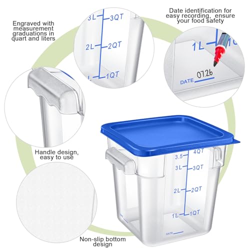 Maxcheck 4 Pcs 4qt Food Storage Container with Lids Bulk Clear Plastic Commercial Food Storage Bins with Scale Handle Space Saving Restaurant Tubs for Kitchen Prep Proof Dough(White, Blue) - color: White, Blue