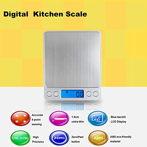 Digital Kitchen Scale,High Precision Stainless Steel Multifunction Food Scale Grams and Ounces Back-Lit LCD Display Small Pocket Jewelry Scales Auto Off,Tare,PCS,UNTS/Mode (3kg/0.1g) - size: 3kg/0.1g