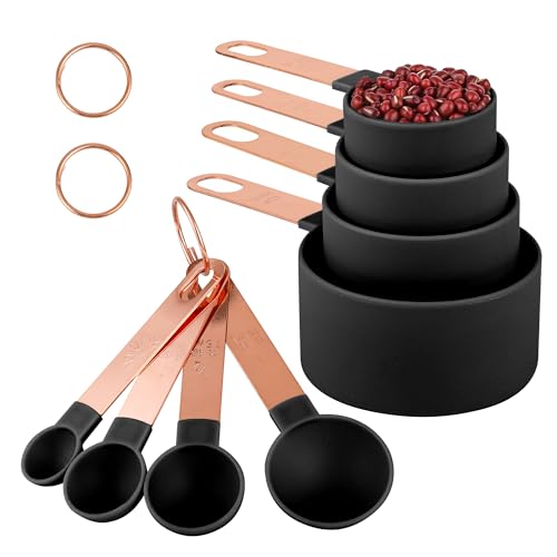 8-Piece Stackable Rose Gold Stainless Steel Handled Measuring Cups and Spoons for Measuring Dry and Liquid Ingredients (black) - color: Black