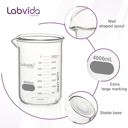 Heavy Duty Glass Beakers Vol.4000ml (135.3oz) thick-walled, 3.3 Boro Griffin Low Form with Double Scale Printed Graduation for Laboratories, Industries, Schools and Home use, LVAC016 - style: Vol.4000ml