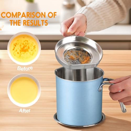 Chihee Grease Container Stainless Steel 2L / 67.6 fl oz Fine Mesh Strainer | Easy to Clean Large Spout Bacon Grease Saver Cooking Oil Keeper Stoarge Can with Dust-proof Lid Non-slip Tray Kitchen Frying - color: Azure(2L)