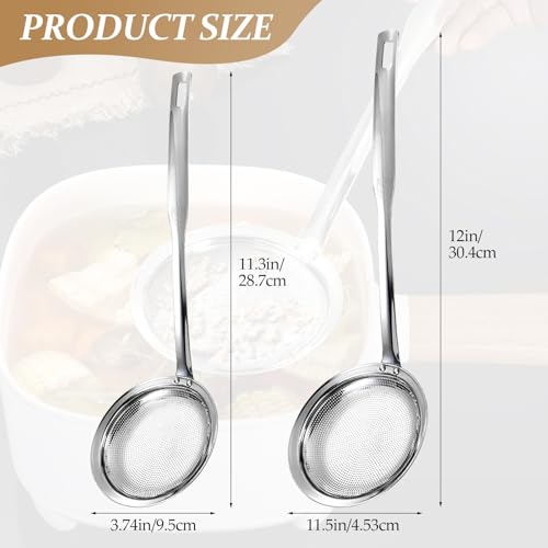 2 Pack Fine Mesh Strainer Stainless Steel Kitchen Sieve - Oil Grease Skimmer Spoon with Long Handle, Small Large Food Strainers for Frying Cooking Soup