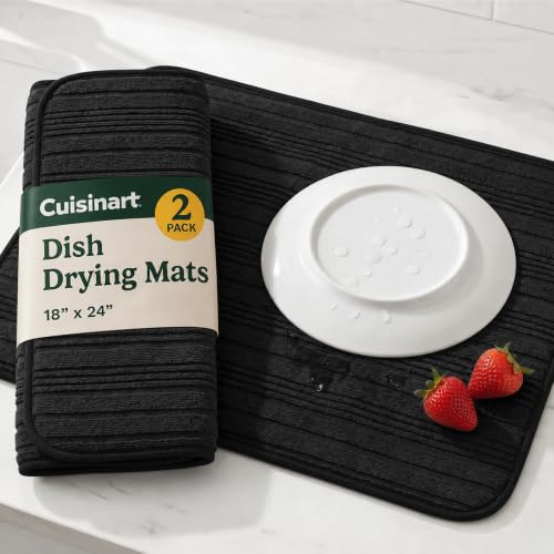 Cuisinart Dish Drying Mat for Kitchen Counter - 2-Pack XL 18x24 Ultra Absorbent Microfiber Dish Mat - Fast Drying, Machine Washable, Foldable Countertop Pad - Safe for Granite & Quartz - color: Horizontal stripes Black