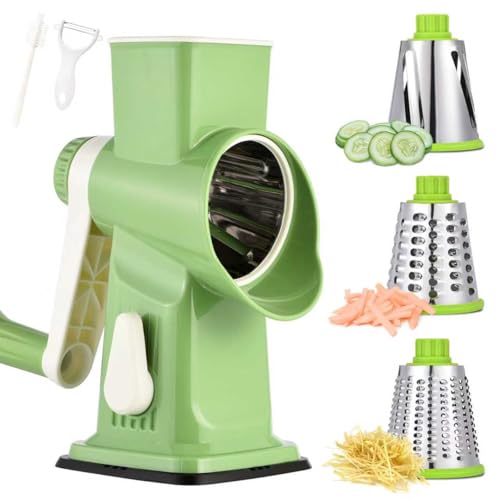 Rotary Cheese Grater Hand Crank Transparent - Shredder Slicer Grinder 3 Stainless Steel Blades, Stable Suction, Labor-Saving Handle, Safe Kitchen Tool for Cheese, Vegetable, Nuts, Chocolate - color: Green