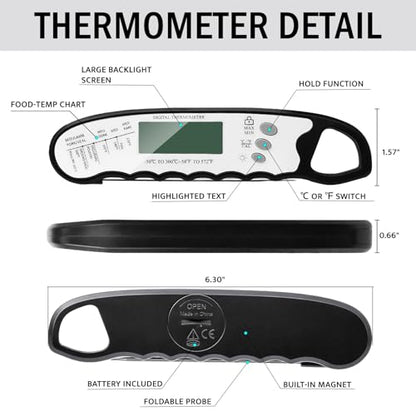 COOLMI Instant Read Meat Thermometer, 2-Second Waterproof for Cooking & BBQ | 180° Auto-Rotating Backlit Display, Magnetic Storage, Digital Meat Thermometer With Lock And Calibration For Grilling - color: Classic Model-Black