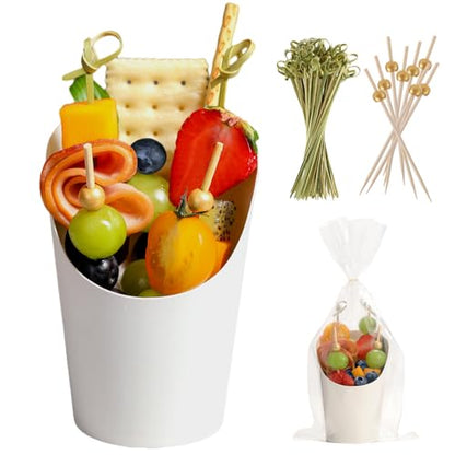 Disposable Charcuterie Cups 60 PCS with 200PCS Sticks and 60PCS Bags | 14 oz Kraft Paper Snack Boxes Appetizers Cup French Fry Holder with Cocktail Skewers Toothpicks Tooth Picks, White - color: White, size: 14 Oz 60 Pcs Set