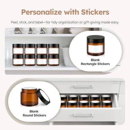 2 oz Glass Jars with Lids, 60 Pack Amber Small Glass Jars with Black Lids Leakproof Round Airtight Empty Cosmetic Travel Containers with Inner Liners For Lotions Powders and Candle Making - color: Amber-Black Lids, size: 2 Ounces