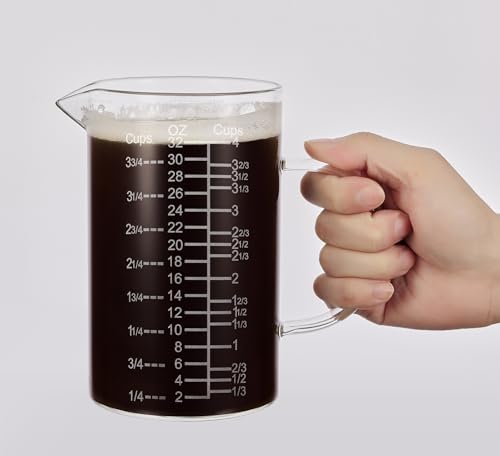 Ackers Etched Graduated Glass Measuring Cup - [Insulated Handle | V-Shaped Spout] - High Borosilicate Glass Measuring Cup for Kitchen or Dining, Easy to Read,1000 ML (32 Oz, 4 Cup) - size: 1000 ML (32 Oz, 4 Cup) - Etched Graduated