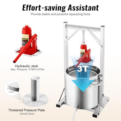 5.8Gal Fruit Cider Wine Press,22L Manual Stainless Steel Juice Maker w/Hydraulic Jack for Apple, Grape, Home Brewing,Load Capacity 330.69lbs (Two Packages) - color: 22L / 5.8Gal