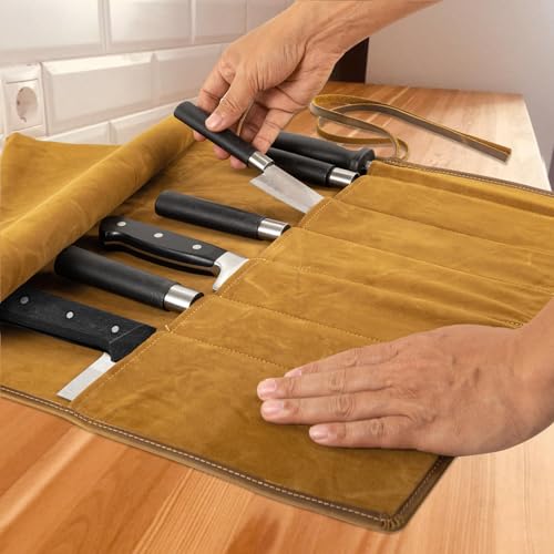 Genuine Leather Knife Roll, Knife Bags for Chefs Professional, Small Chef'S Knife Case Holder, Knives Holders Protectors with 7 Slots, Portable Chef Knife Roll Chef Knife Bag - color: 7 Slots Reddish brown