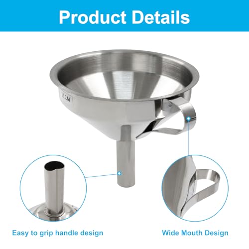 Piutouyar Stainless Steel Kitchen Funnel, 11 cm Metal Funnel with Detachable Strainer Filter, Food Grade Cooking Funnels for Transmission Liquid, Oil, Dry Ingredients