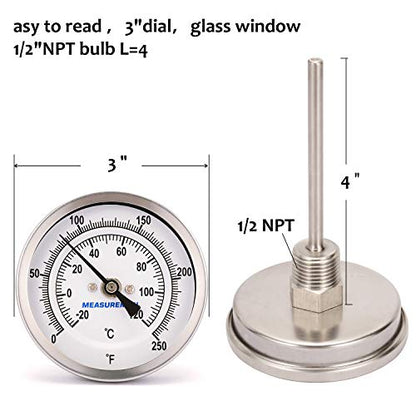 MEASUREMAN Fully Stainless Steel Pot, Kettle, Brewing Bimetal Thermometer, 3" Dial, 4" Stem, 0-250 deg F/-20-120 deg C, -1% Accuracy, Adjustable, 1/2" NPT Back Mount - size: 3" Dial, 4" Stem, style: 4" Stem