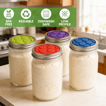4PCS Silicone Fermentation Lids for Regular Mouth Mason Jars | One-Way Airlock Valve, Self-Burping for Sauerkraut, Sourdough Starter & Probiotics (Patented) - size: 4 PCS Regular
