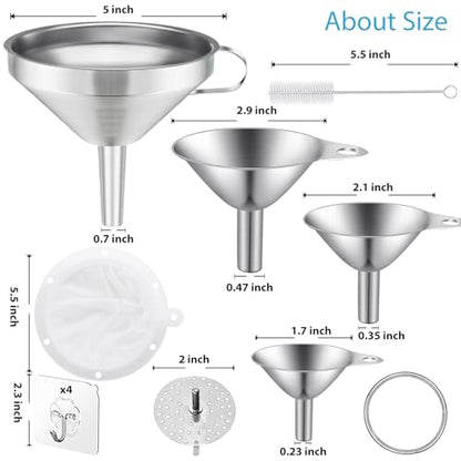 Toncoo 4 Pack Stainless Steel Funnels for Kitchen Use, Food Grade Cooking Funnel with 2 Strainer, Kitchen Funnel Set Metal Funnels for Filling Bottles