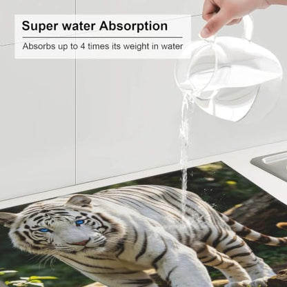 White Tiger Dish Drying Mat for Kitchen Counter, Absorbent Microfiber Drainer Mats, Non-slip Kitchen Draining Mat for Coffee Machine Dish Rack Pad 18"x16" Dish Drainer Pad - color: White Tiger