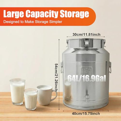 Stainless Steel Milk Can, 64L/16.9Gal Metal Drink Dispenser Airtight Canister with Faucet & Lid, Wine Oil Beverage Storage Container Bucket for Kitchen Restaurant Party, W15.8*H21.3in - size: 64L/16.9Gal w/Faucet