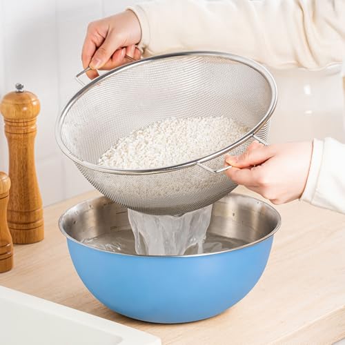 304 Stainless Steel Rice Washing Bowl and 40 Mesh Strainer Set, 3.5QT | 40-mesh strainer helps prevent grain loss while measurement marks and sturdy handles make rinsing and draining easier. - color: Blue