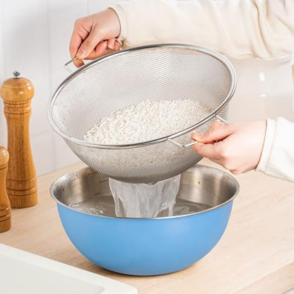 304 Stainless Steel Rice Washing Bowl and 40 Mesh Strainer Set, 3.5QT | 40-mesh strainer helps prevent grain loss while measurement marks and sturdy handles make rinsing and draining easier. - color: Blue