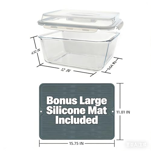 Extra Large Glass Storage Containers with Lids 220oz/6500ml/28cup | Silicone Mat Included | Borosilicate Glass | Airtight | Freezer Oven Dishwasher Safe | Rotisserie Chicken | XL Big Food Bowl - color: White handle
