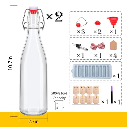 Swing Top Glass Bottles 2 Pack, 16oz/500ml Flip Top Glass Bottle,Beer Brewing Bottles with Airtight Lid for Kombucha, Mead Kefir, Vanilla Extract, Juice, Tea, Wine,DIY Containers - size: 16oz-2pcs