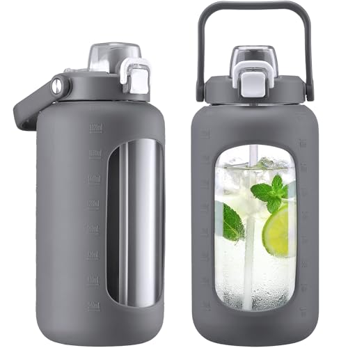 72oz Glass Water Bottle with 2-IN-1 Straw &Chug Lid, Large Motivational Glass Bottle with Capacity Marker and Silicone Sleeve, 2.1L Gallon Water Jug for Home, Sports, Gym, BPA Free-Gray - color: Gray