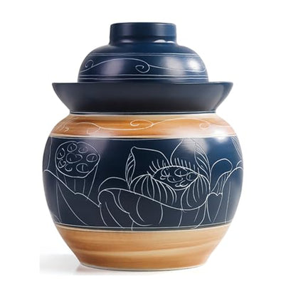 Traditional Chinese Porcelain Pickle Jar, Ceramic Fermenting Jar with Water Seal Airlock Lid, Turnip Kimchi Sauerkraut Fermentation Crock Pickling Pot(3.5kg, Blueb) - color: Blueb, size: 3.5kg