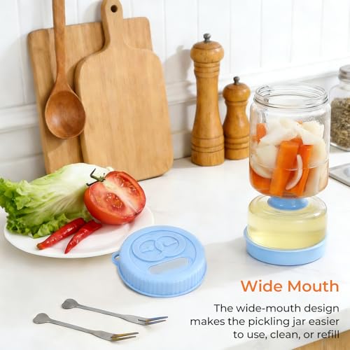 Pickle Jar with Strainer Flip, Pickle Container with Strainer with Two Forks, Airtight Glass Pickle Jar for Fermentation, Olive Jar with Date Tracker Lid, Jalapeno Container with Gas Port (Blue) - color: Blue
