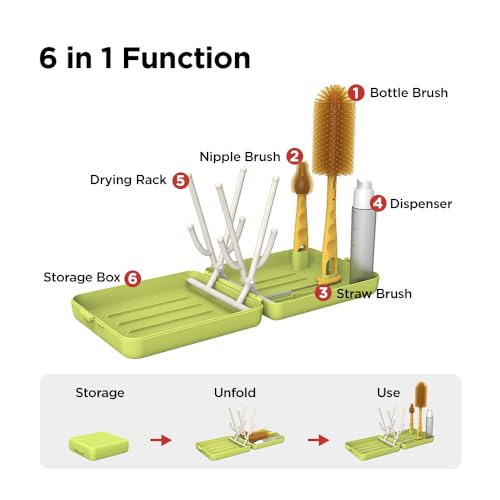 YOTIME Travel Bottle Brush, Travel Bottle Cleaner Kit with Foldable Bottle Drying Rack, for Visit Friends and Relations, Baby Travel Essentials, BPA Free, Green - color: Green