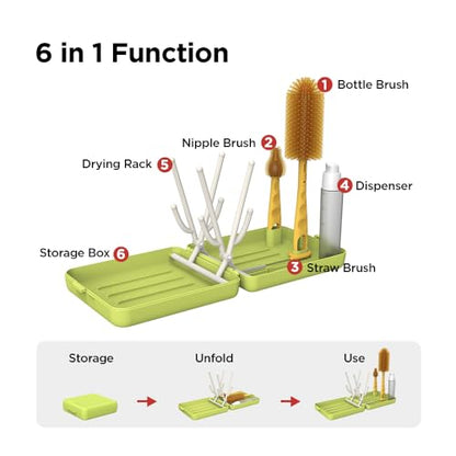 YOTIME Travel Bottle Brush, Travel Bottle Cleaner Kit with Foldable Bottle Drying Rack, for Visit Friends and Relations, Baby Travel Essentials, BPA Free, Green - color: Green