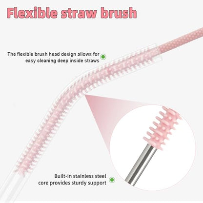 Silicone Straw Cleaner Brush, 4Pcs Reusable Straw Brush Set with Extra-Long Design for Cleaning Thin Metal Straws and Wider Milkshake Straws （6mm+9mm Pink) - color: Pink