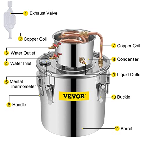 VEVOR Alcohol Still 8Gal/30L Alcohol Distiller Stainless Steel Distillery Kit for Alcohol With Copper Tube & Pump Home Brewing Kit Build-in Thermometer for DIY Whisky Wine Brandy