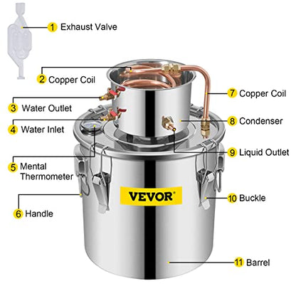VEVOR Alcohol Still 8Gal/30L Alcohol Distiller Stainless Steel Distillery Kit for Alcohol With Copper Tube & Pump Home Brewing Kit Build-in Thermometer for DIY Whisky Wine Brandy