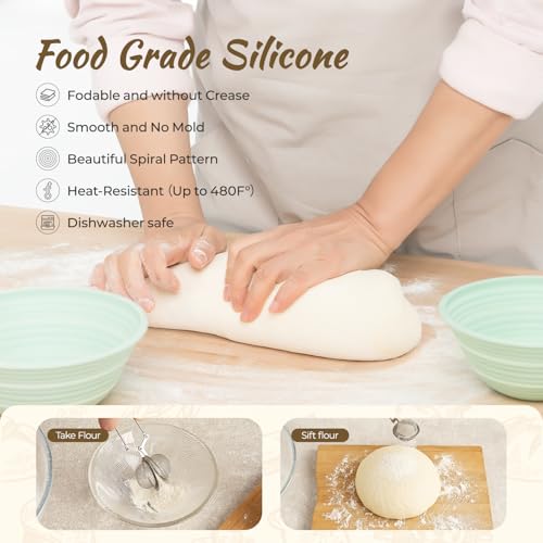 Sourdough Starter Kit, 9PCS Sourdough Breads Baking Supplies, Silicone Banneton Bread Proofing Basket Set with 9" Round & 10" Val, Bread Sling, Whisk, Bread Lame, Sour Dough Baking Tools