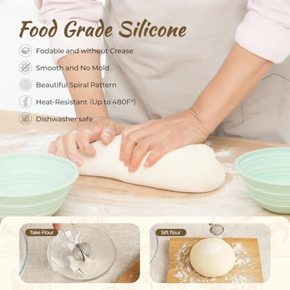 Sourdough Starter Kit, 9PCS Sourdough Breads Baking Supplies, Silicone Banneton Bread Proofing Basket Set with 9" Round & 10" Val, Bread Sling, Whisk, Bread Lame, Sour Dough Baking Tools