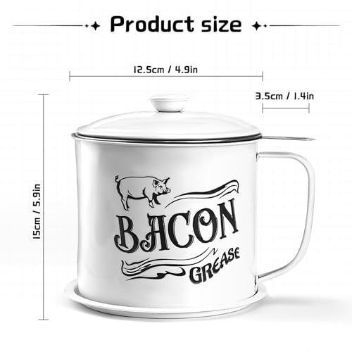 1.3L Bacon Grease Saver Container with Fine Mesh Strainer,Stainless Steel Oil Keeper Can for Bacon,46oz Large Rustic Farmhouse Fat Container, Keeper, Recipes, Dishwasher Safe (White) - color: White