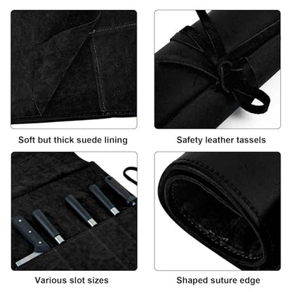Genuine Leather Knife Roll, Knife Bags for Chefs Professional, Small Chef'S Knife,Knives Holders Protectors with 5 Slots (Black) - color: 5 Slots Black