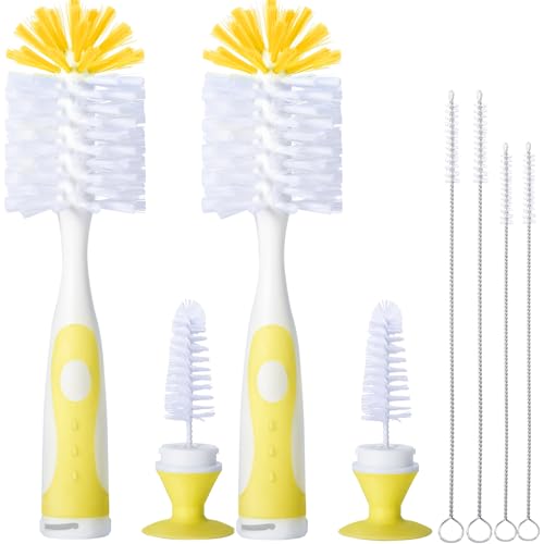 CAREBABYMORE 2 Pack Baby Bottle Brush with 4 Pack Straw Brushes, 10.2" Nylon Brushe with Nipple Cleaner and Stand Suction Cup, Yellow - color: Yellow