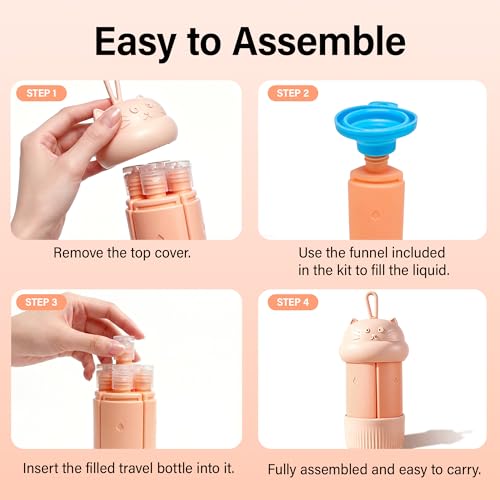 4 in 1 Portable Travel Dispenser Bottle Set (4 x 15 mL) Refillable Leakproof Travel Bottles with Cleaning Brush, Carabiner, Labels, Drawstring Pouch & 4 Funnels for Shampoo, Lotion & Body Wash(Beige) - color: Beige