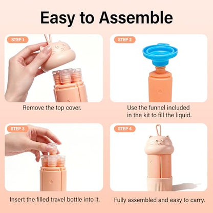4 in 1 Portable Travel Dispenser Bottle Set (4 x 15 mL) Refillable Leakproof Travel Bottles with Cleaning Brush, Carabiner, Labels, Drawstring Pouch & 4 Funnels for Shampoo, Lotion & Body Wash(Beige) - color: Beige