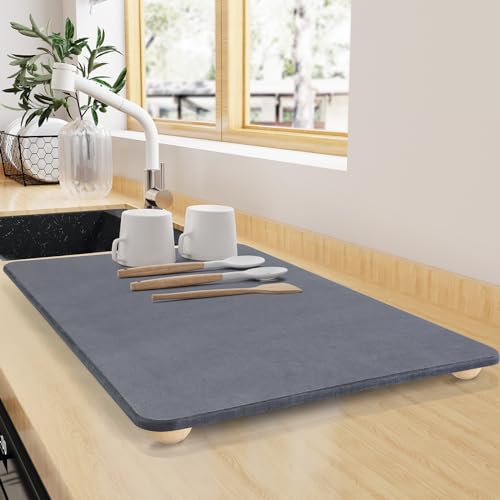 Large Stone Dish Drying Mat for Kitchen Counter, 18"×14" Quick Dry Super Absorbent Eco-Friendly Diatomaceous Earth Stone Mat with hemisphere wooden feet, Non-slip, Heat Resistant, Multi-purpose mats - size: 18" x 14"