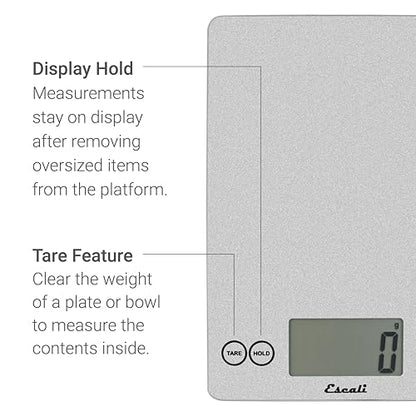 Escali Arti Glass Food Scale Digital Countertop Kitchen, Baking and Cooking Scale with Nutrition and Calorie Counter, 15-Pound Capacity, 9" x 6.5" x .75", Shiny Silver - color: Shiny Silver