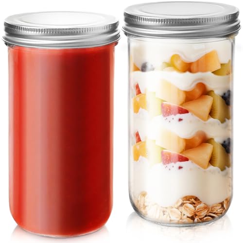 32oz Wide Mouth Mason Jars 2-Pack with Airtight Lids, Glass Canning Jars for Meal Prep, Overnight Oats, Jam & Food Storage, BPA-Free Clear Glass Jars for Canning, Fermenting & DIY Crafts