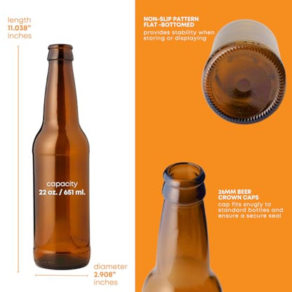 FastRack Amber Beer Bottles 22oz (Pack of 48) | Longneck Glass Beer Bottles with Pry-off Crown Finish for Home Brewing Mead, Cider & Kombucha | Durable Brewing Bottle & Bottling Kit - size: 22oz - 48 Pack
