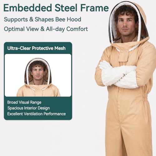 Bee Suit for Men Women, Full Body Sting Proof Beekeeping Suit | Detachable Protective Round Veil & Gloves, Size XL Fits 5'9''-6'1'', Ideal for Apiary Backyard Beekeeping Beginners, Beige - size: XL