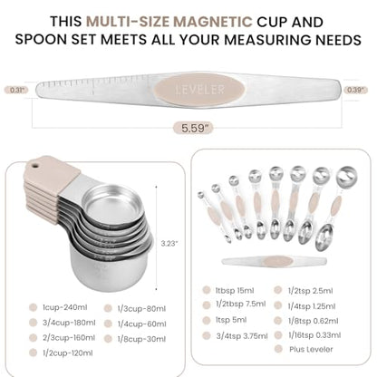 Magnetic Measuring Cups and Spoons Set-Heavy Duty 304 Stainless Steel，Double Measurement Markings，Set of 16 with Leveler for Measure Dry and Liquid Ingredients (khaki) - color: Khaki