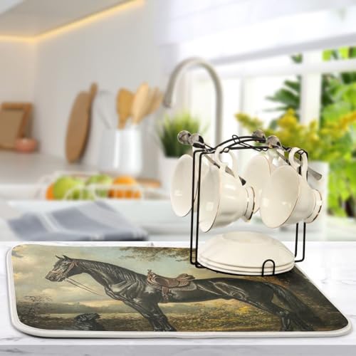 Dog Horse Tree Beige Dish Drying Mat for Kitchen Counter Super Absorbent Draining Mat with Non-slip Backed Drainer Mat for Dish Bottles Cups Bowl Countertops Sinks Draining Racks