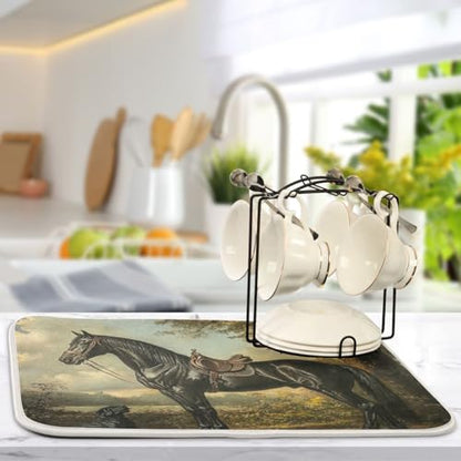 Dog Horse Tree Beige Dish Drying Mat for Kitchen Counter Super Absorbent Draining Mat with Non-slip Backed Drainer Mat for Dish Bottles Cups Bowl Countertops Sinks Draining Racks